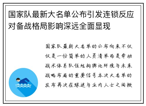 国家队最新大名单公布引发连锁反应对备战格局影响深远全面显现